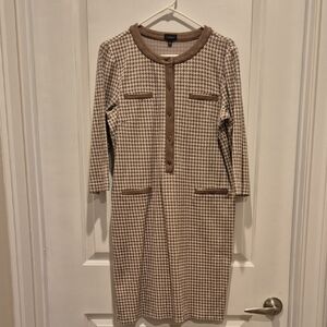 Talbots Beige and Brown Houndstooth Long Sleeve Knit Dress